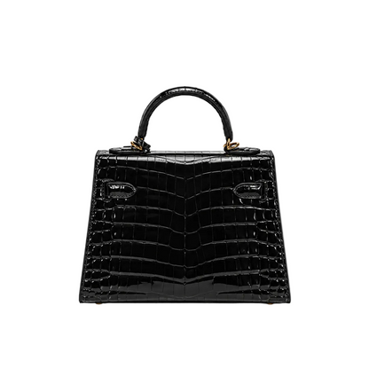 Black Kelly Leather Women Handbag, Glossy Crocodile Embossed Satchel with Gold Lock