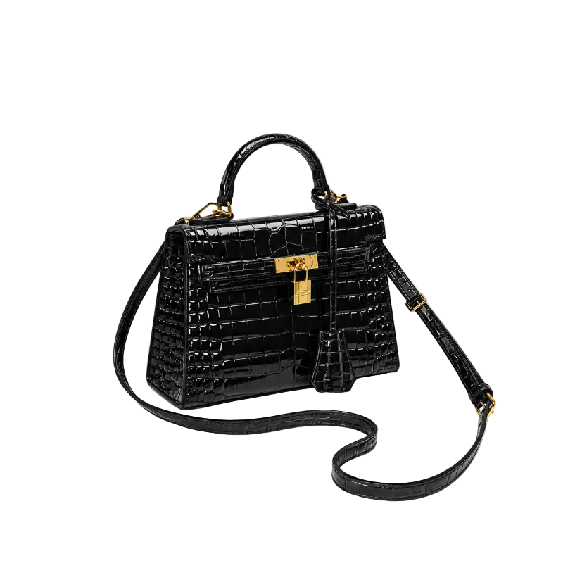 Black Kelly Leather Women Handbag, Glossy Crocodile Embossed Satchel with Gold Lock