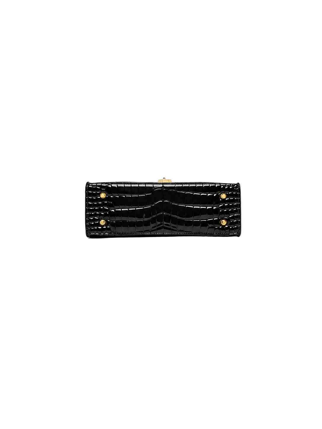 Black Kelly Leather Women Handbag, Glossy Crocodile Embossed Satchel with Gold Lock