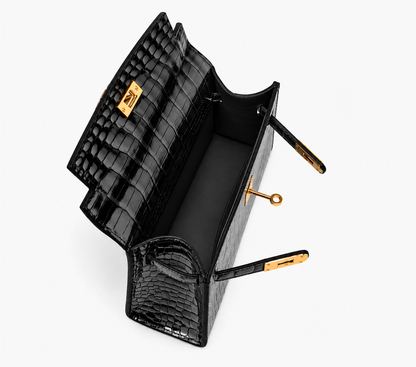 Black Kelly Leather Women Handbag, Glossy Crocodile Embossed Satchel with Gold Lock