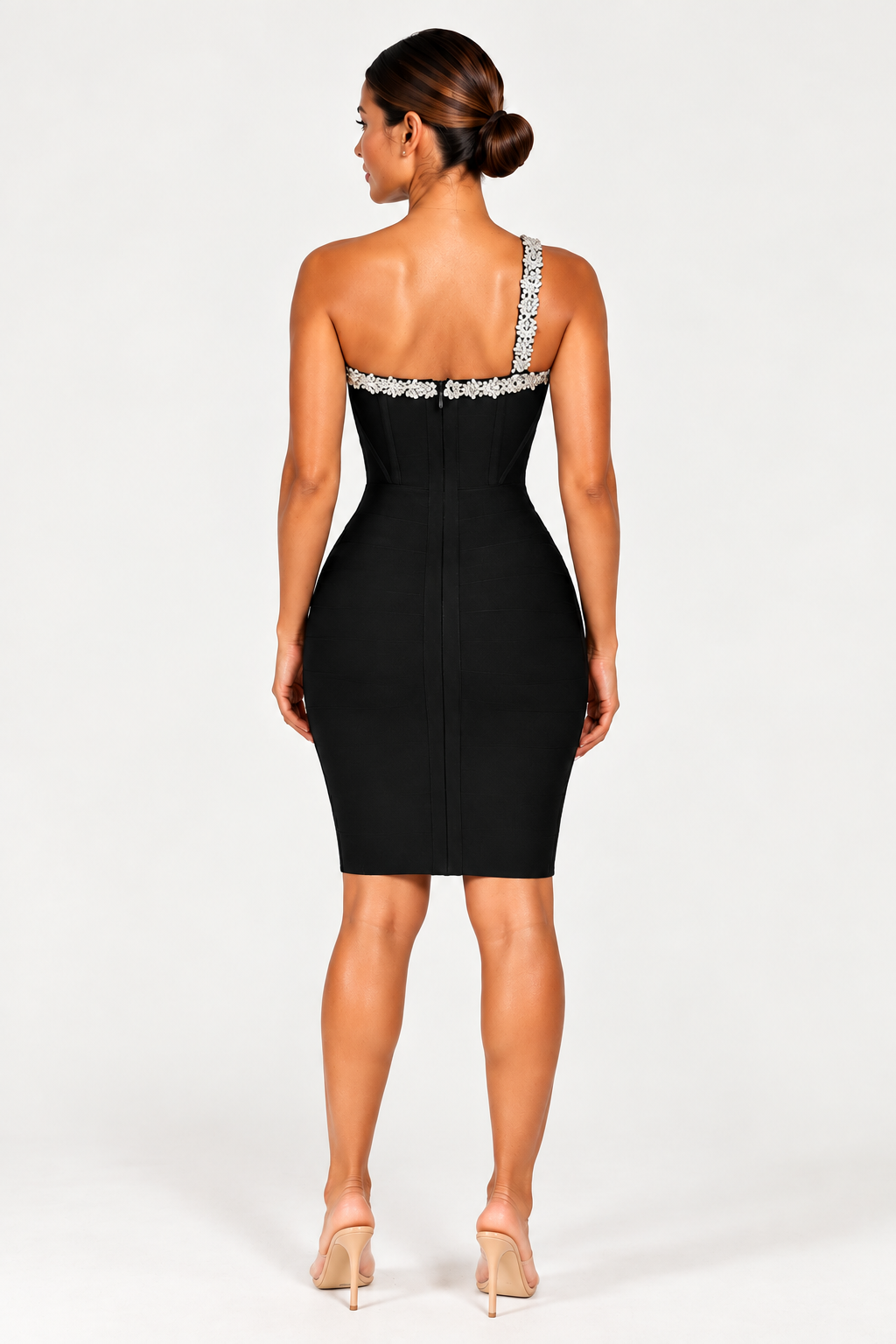 Elegant One-Shoulder Bandage Dress - Diamond Encrusted Sexy Shoulder Backless Evening Dress (Black)
