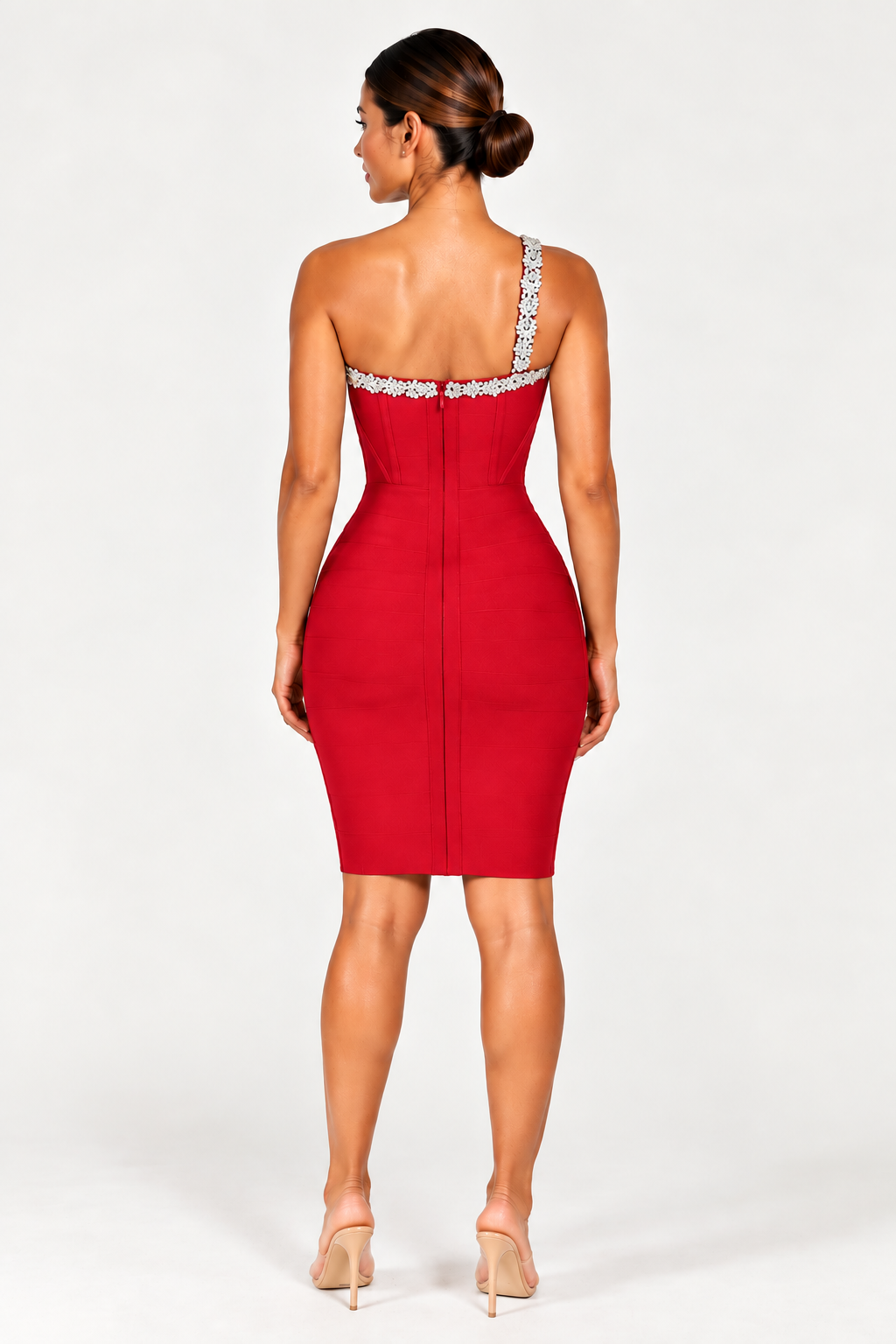 Elegant One-Shoulder Bandage Dress - Diamond Encrusted Sexy Shoulder Backless Evening Dress(Red)