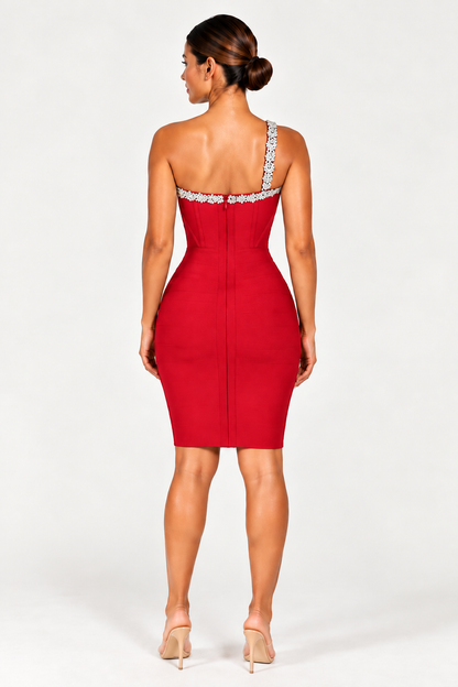 Elegant One-Shoulder Bandage Dress - Diamond Encrusted Sexy Shoulder Backless Evening Dress(Red)