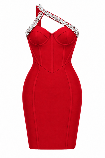 Elegant One-Shoulder Bandage Dress - Diamond Encrusted Sexy Shoulder Backless Evening Dress(Red)