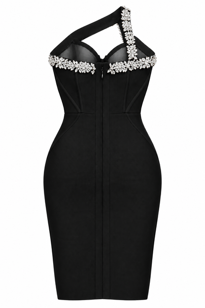 Elegant One-Shoulder Bandage Dress - Diamond Encrusted Sexy Shoulder Backless Evening Dress (Black)