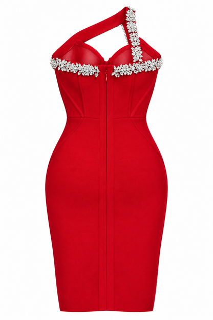 Elegant One-Shoulder Bandage Dress - Diamond Encrusted Sexy Shoulder Backless Evening Dress(Red)
