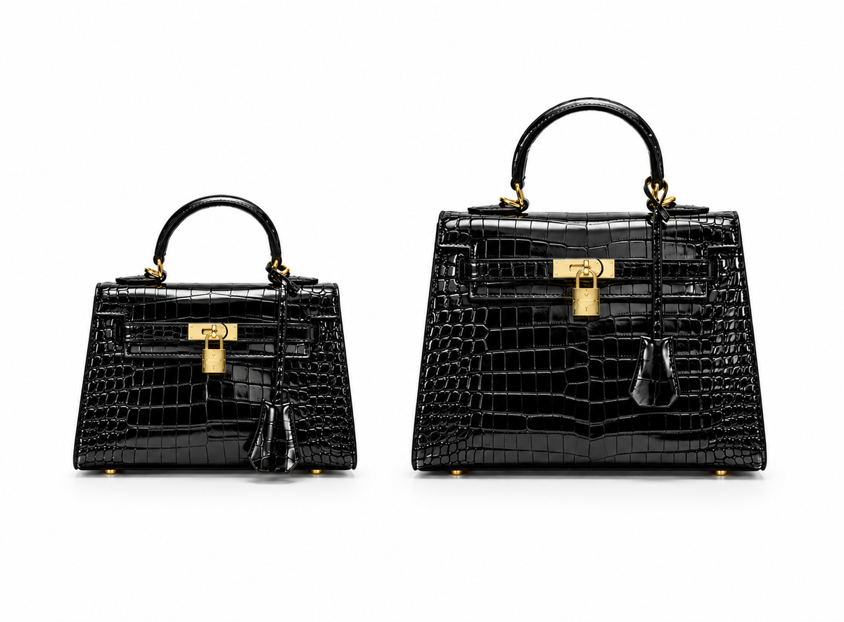Black Leather Women Handbag, Glossy Crocodile Embossed Satchel with Gold Lock (Large)
