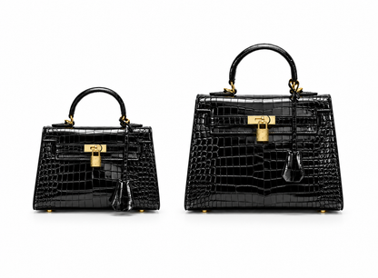 Black Leather Women Handbag, Glossy Crocodile Embossed Satchel with Gold Lock (Large)