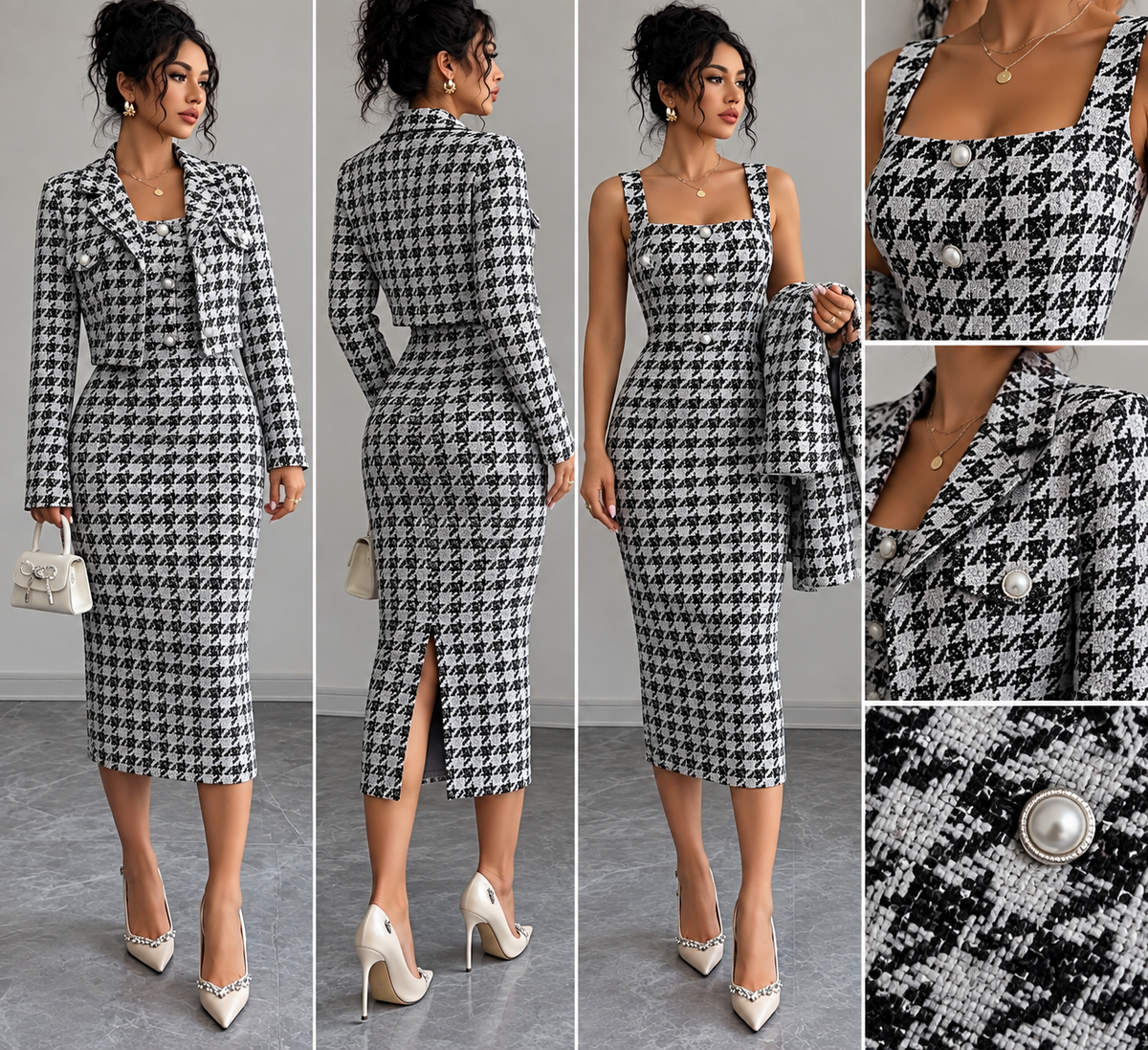 Women’s Black & White Houndstooth Tweed Blazer & Midi Dress Set