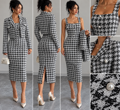 Women’s Black & White Houndstooth Tweed Blazer & Midi Dress Set