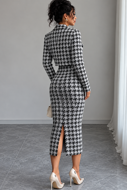 Women’s Black & White Houndstooth Tweed Blazer & Midi Dress Set