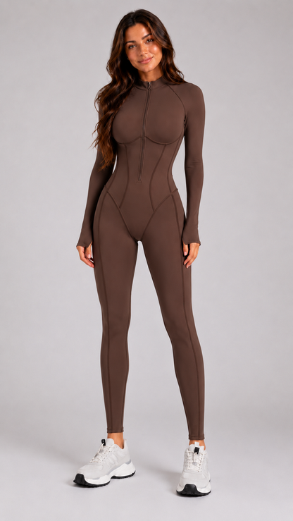 Women's Sculpting Zip Front Active Jumpsuit | Long Sleeve Workout Romper