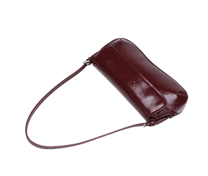 Glossy Smooth Faux Leather Classic Baguette Shoulder Bag for Women in Burgundy