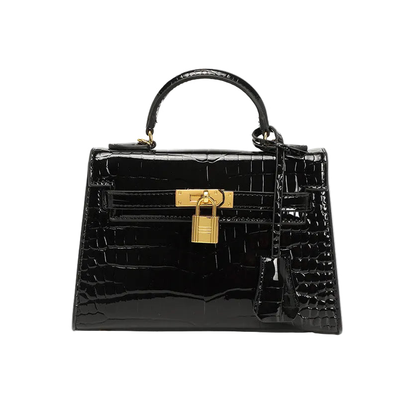 Black Kelly Leather Women Handbag, Glossy Crocodile Embossed Satchel with Gold Lock