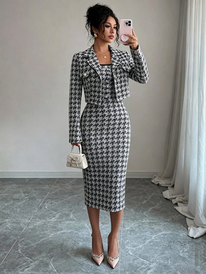 Black and white houndstooth tweed blazer and midi dress set