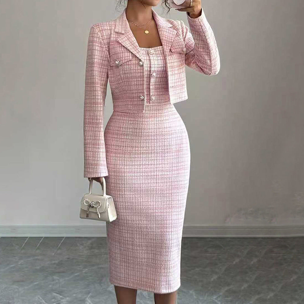 Pink tweed blazer and matching midi skirt set