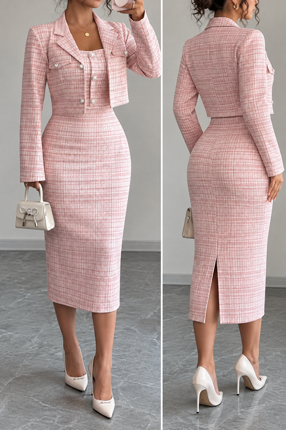 Pink tweed blazer and midi skirt set front and back views
