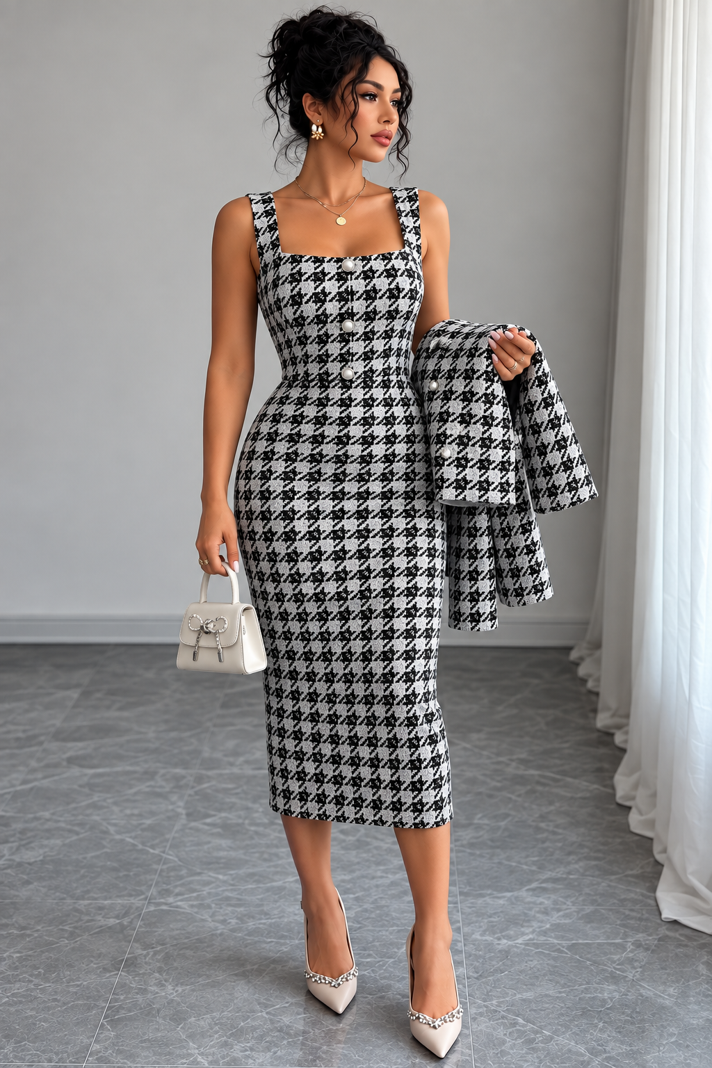 Black and white houndstooth tweed midi dress with matching blazer