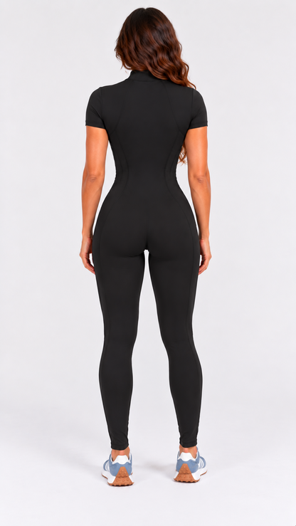 Back view of black short sleeve zip-up jumpsuit
