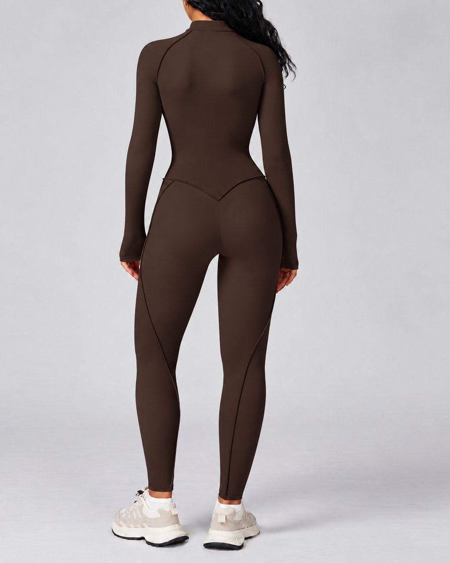 Dark brown women's sculpting zip front active jumpsuit back view