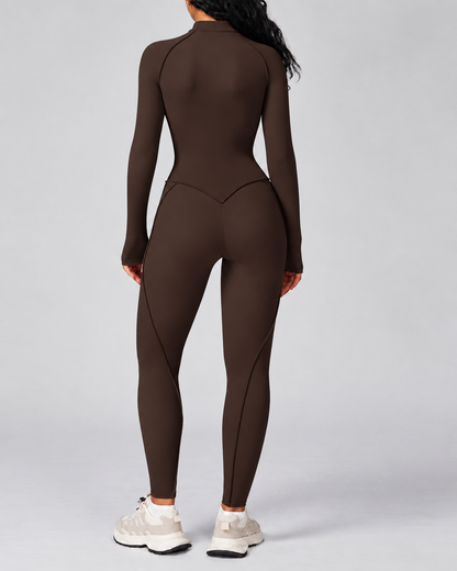 Dark brown women's sculpting zip front active jumpsuit back view