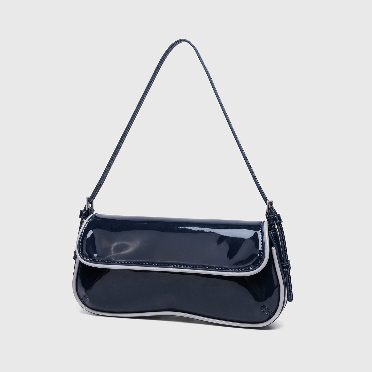 Glossy Smooth Faux Leather Classic Baguette Shoulder Bag for Women in Navy Blue