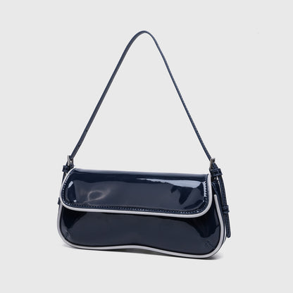 Glossy Smooth Faux Leather Classic Baguette Shoulder Bag for Women in Navy Blue