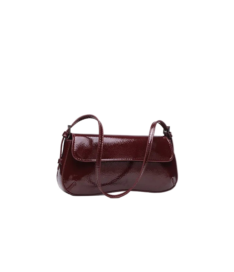 Glossy Smooth Faux Leather Classic Baguette Shoulder Bag for Women in Burgundy