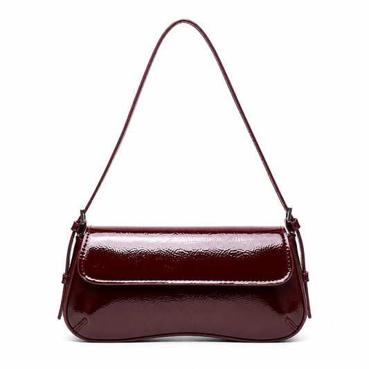 Glossy Smooth Faux Leather Classic Baguette Shoulder Bag for Women in Burgundy