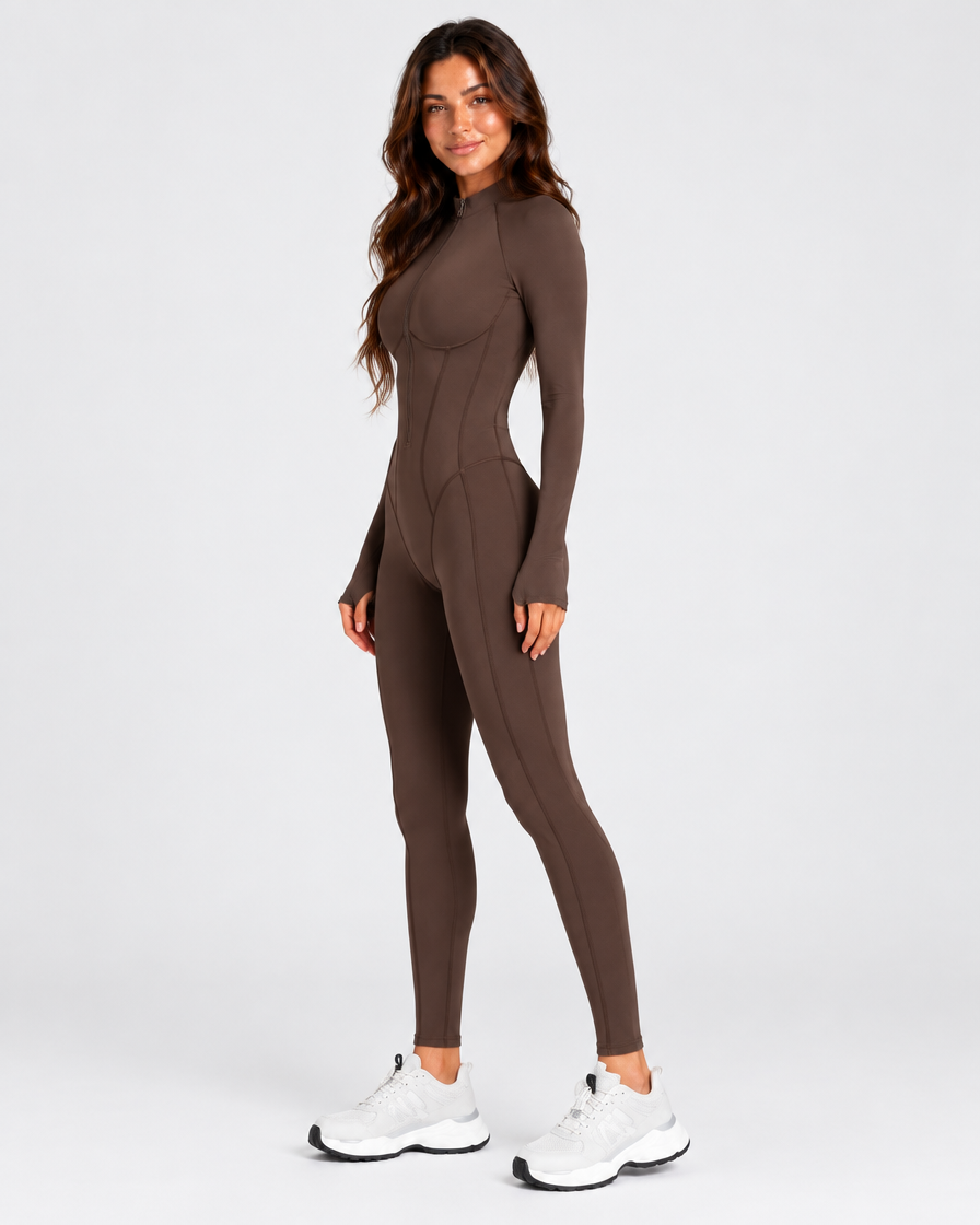 Dark Brown women's sculpting zip front active jumpsuit side view