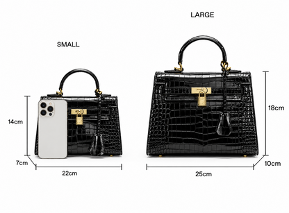 Black Leather Women Handbag, Glossy Crocodile Embossed Satchel with Gold Lock (Large)